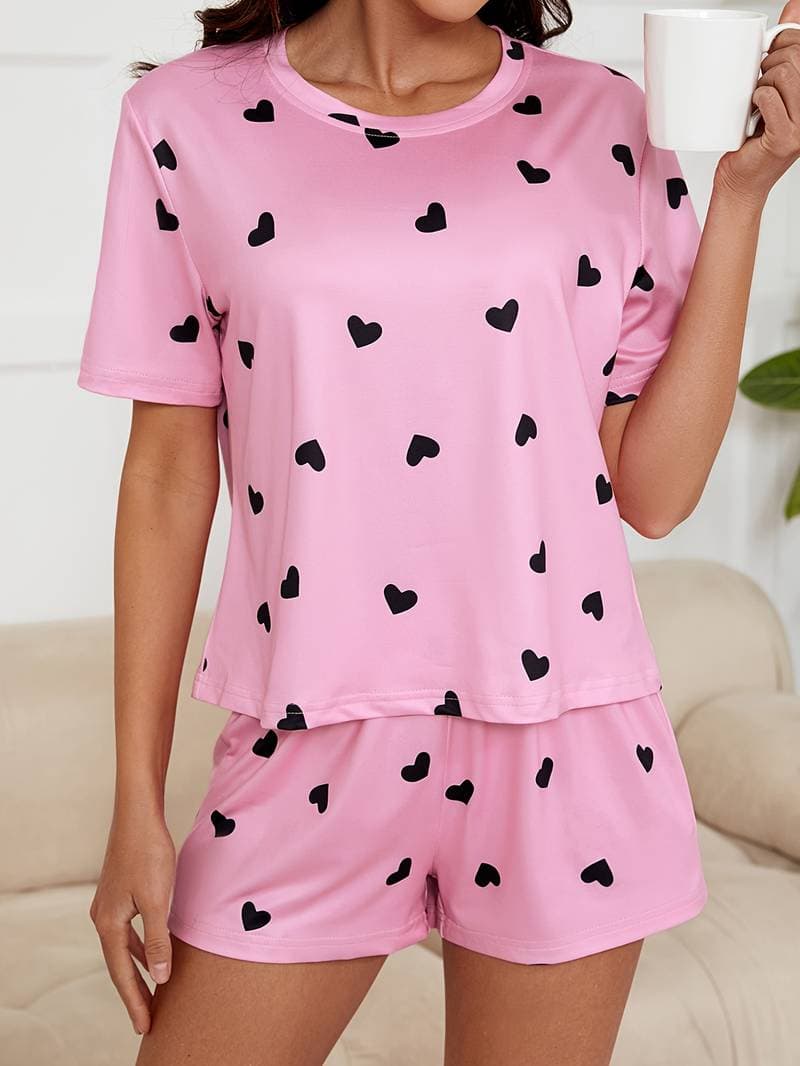 Cozy Heart Print Loungewear Set - Short Sleeve Crew Neck Top & Elastic Waistband Shorts