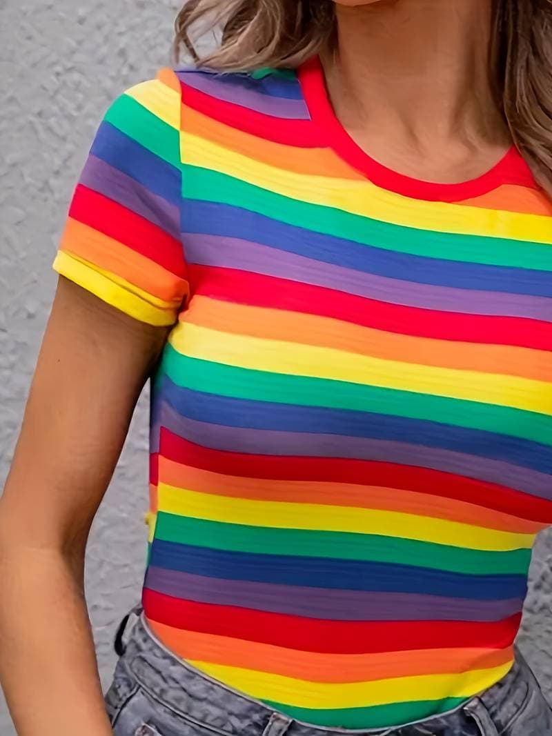 Rainbow Print Lounge Top - Ultra-Relaxed Casual Style with Comfortable Short Sleeves.